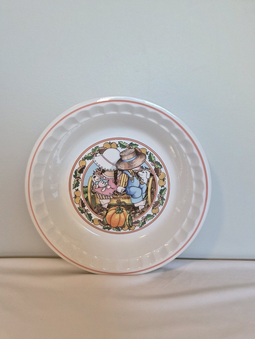 Country Kids White Ceramic Dinner Plate with Pastel Harvest Illustration